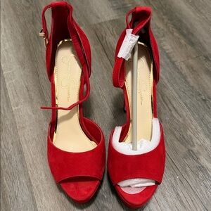 Jessica Simpson Red Suede Open-Toe Ankle-Strap Heels
